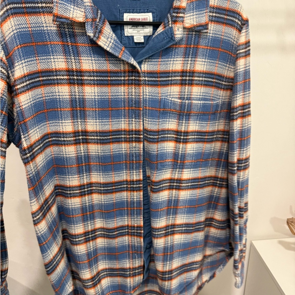 American Eagle Blue Plaid Button-Up with Orange Accents